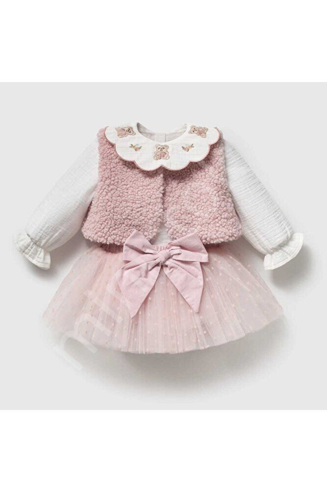 Lily Pink Yakası Nakış Detaylı Gömlek Şort Yelekten Oluşan 3'lü Kız Bebek Takım Pembe - 9 - 12 Ay