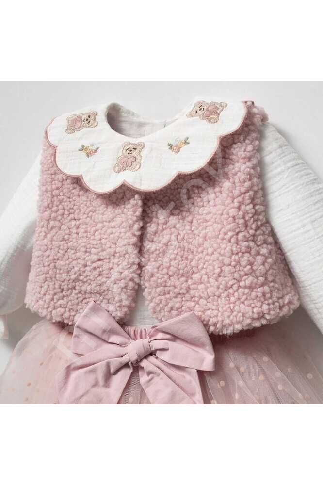 Lily Pink Yakası Nakış Detaylı Gömlek Şort Yelekten Oluşan 3'lü Kız Bebek Takım Pembe - 9 - 12 Ay