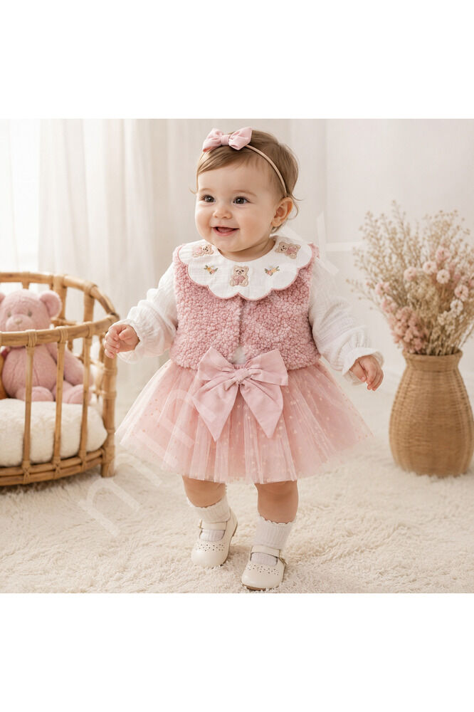 Lily Pink Yakası Nakış Detaylı Gömlek Şort Yelekten Oluşan 3'lü Kız Bebek Takım Pembe - 12-18 Ay