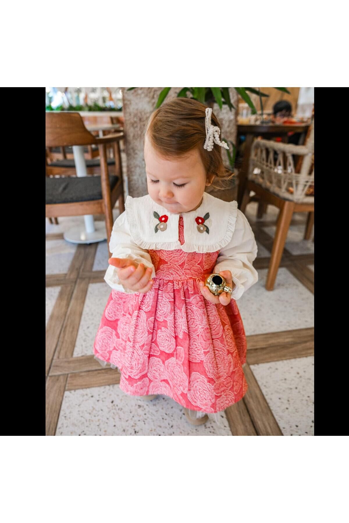Lina Yakası Nakışlı Kız Bebek Elbise Kırmızı - 12-18 Ay