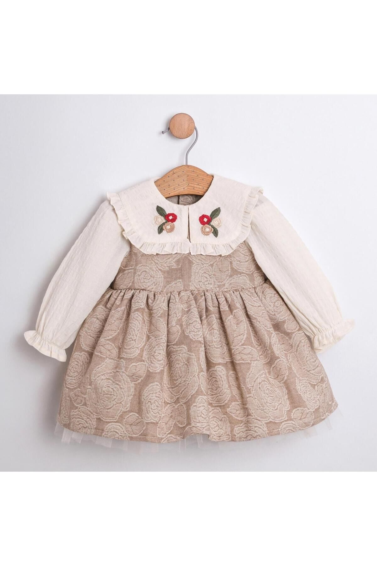 Lina Yakası Nakışlı Kız Bebek Elbise Bej - 12-18 Ay