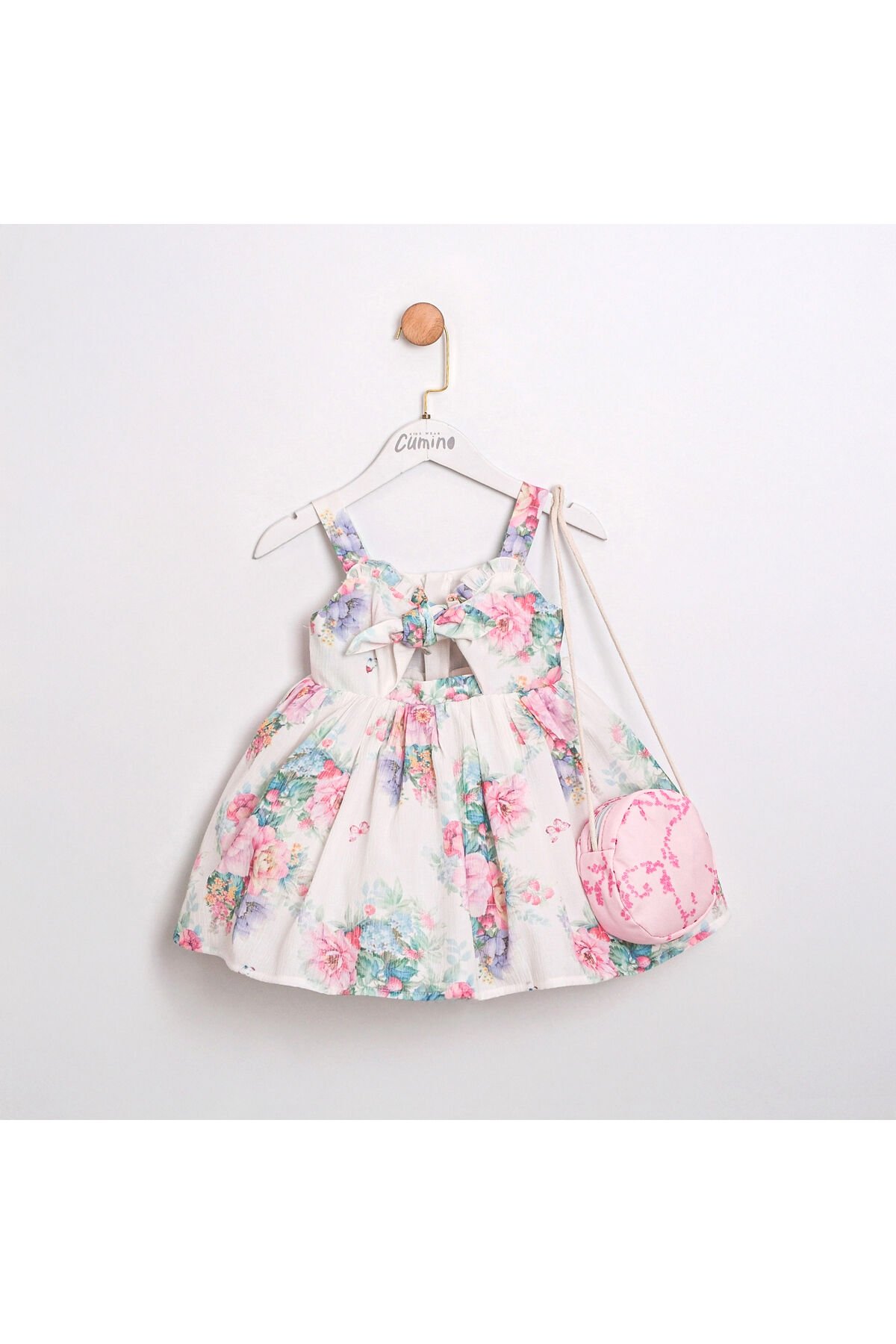 April Çiçek Desenli Cut Out Detaylı Çanta Aksesuarlı Kız Çocuk Elbise Pembe - 4 Yaş